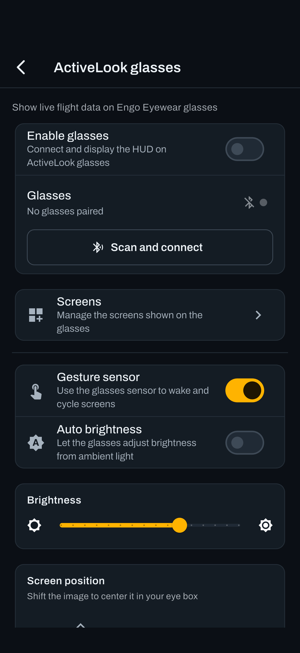 ActiveLook settings, with the connection at the top and the screens below.