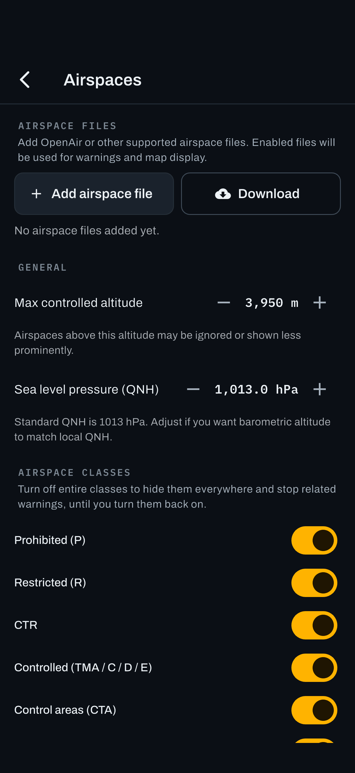 Airspace settings, with installed files at the top and the class filters below.