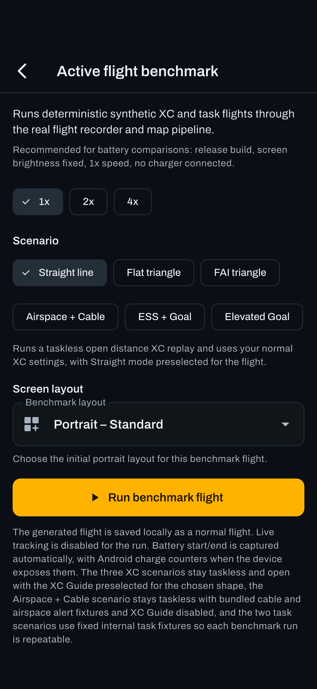 The demo flight page. Pick a scenario, pick the layout you want to test, and run it.
