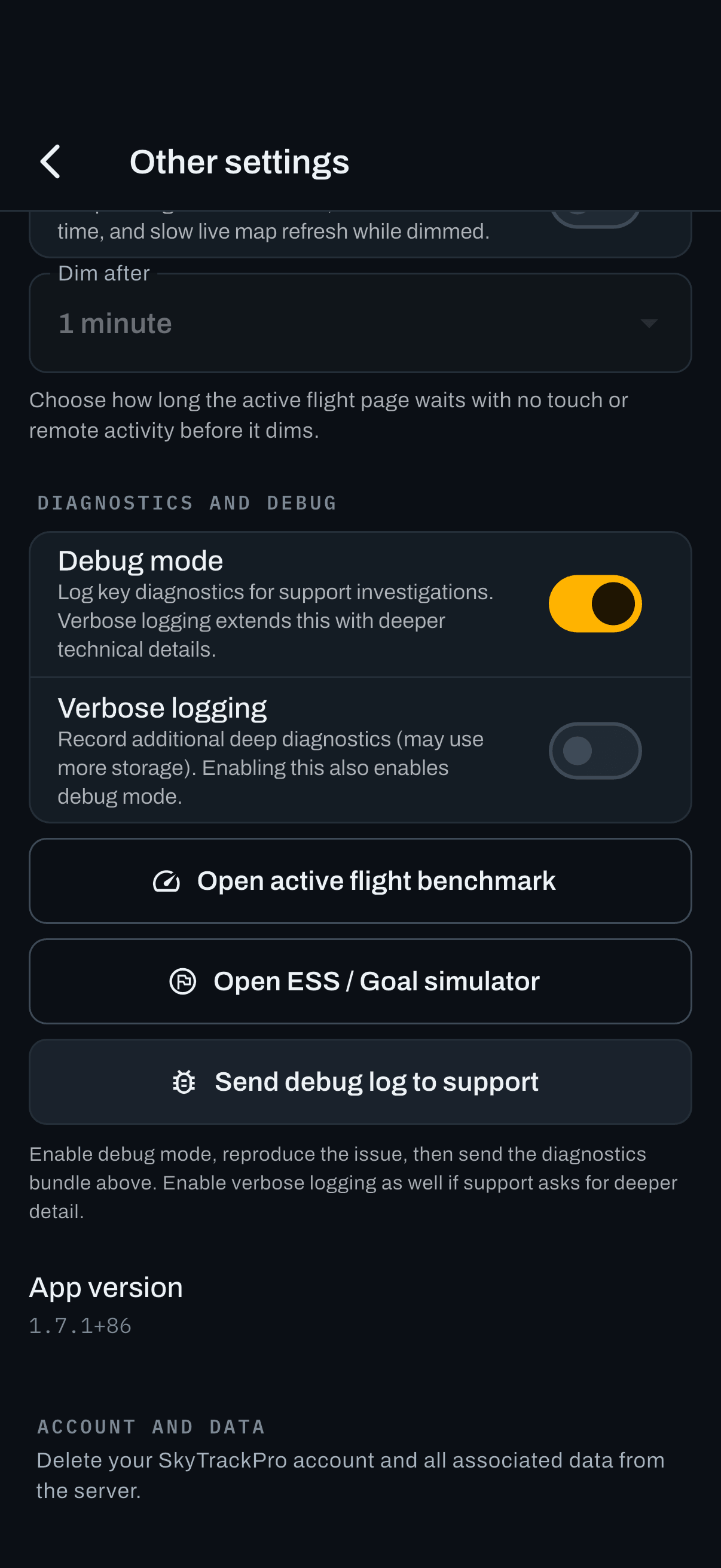 Debug mode enabled. The demo flight and simulator entries appear underneath it.