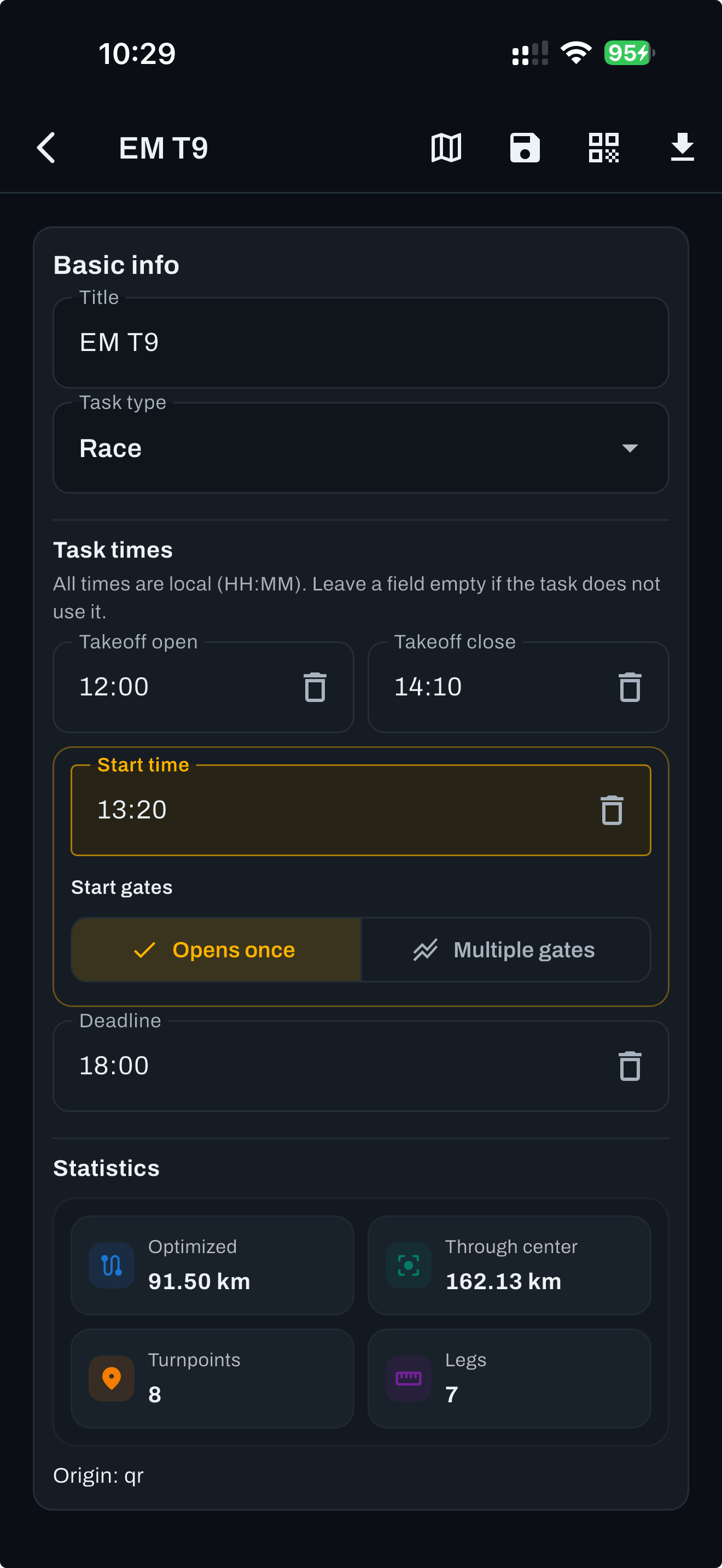 Basic info with the task times. The start time and its gates sit in the highlighted group.