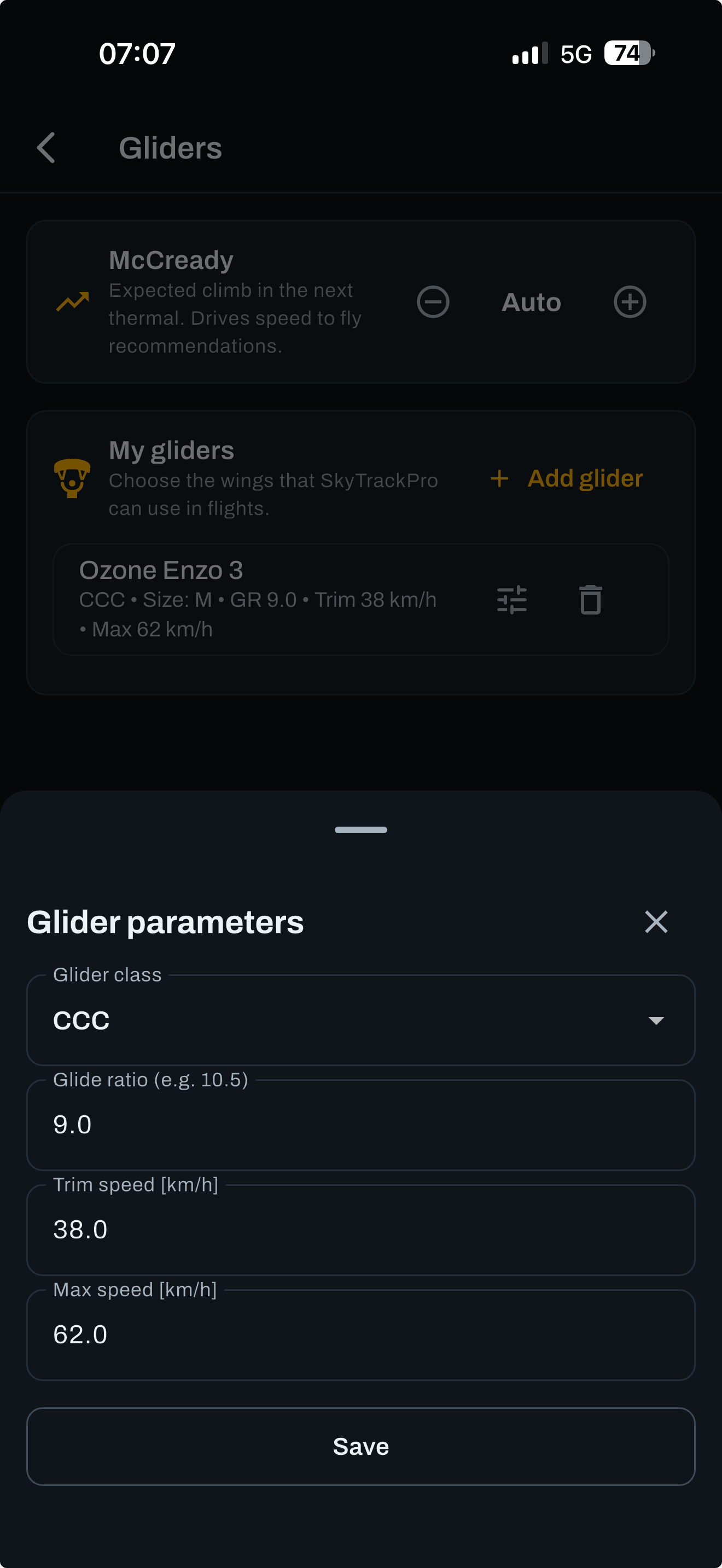Glider parameters. These three numbers drive most of the flight computer.