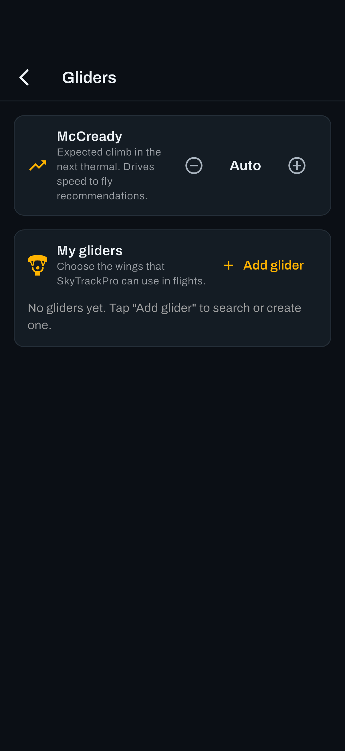 The gliders page. Every wing here can be selected on the Flight tab before a flight.
