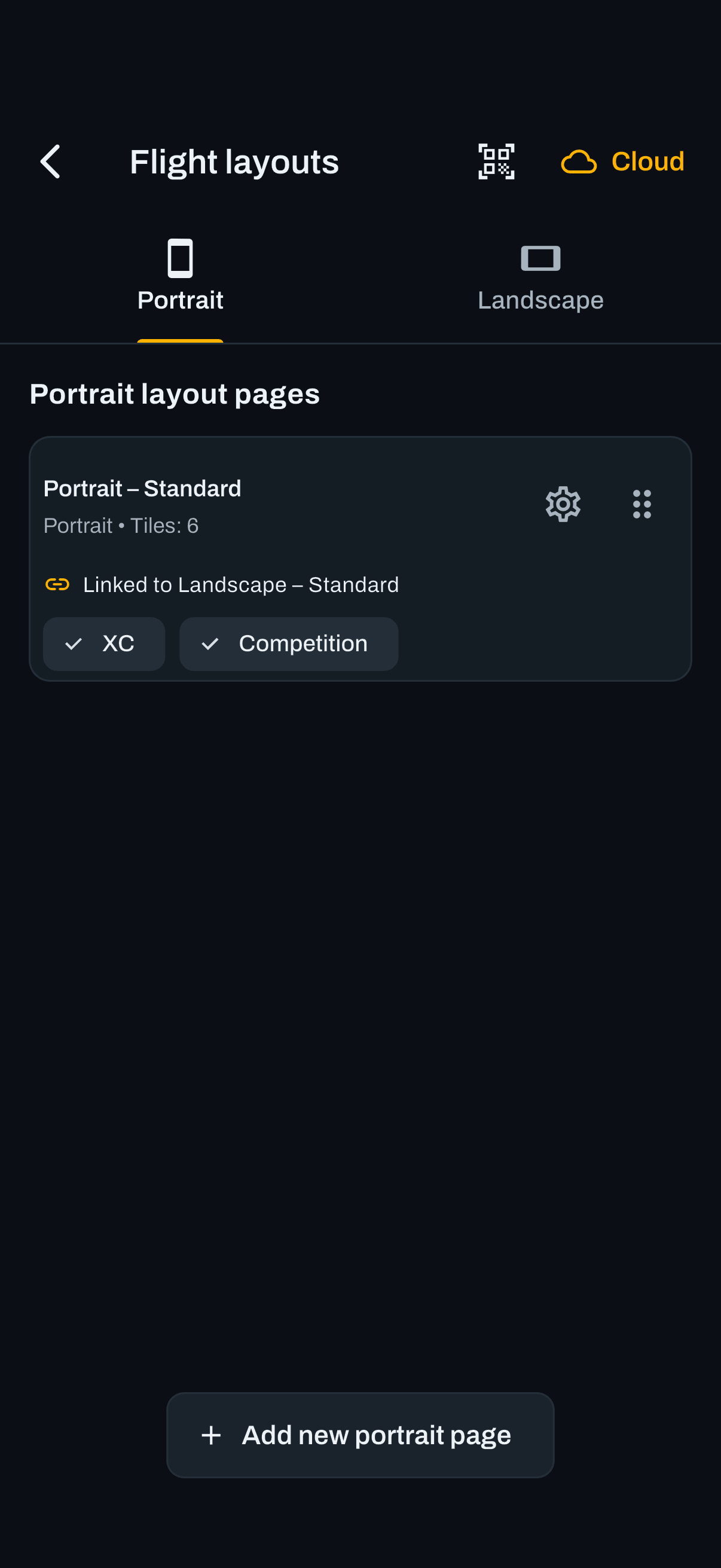 The layout pages list, with tile counts and the linked counterpart shown per page.
