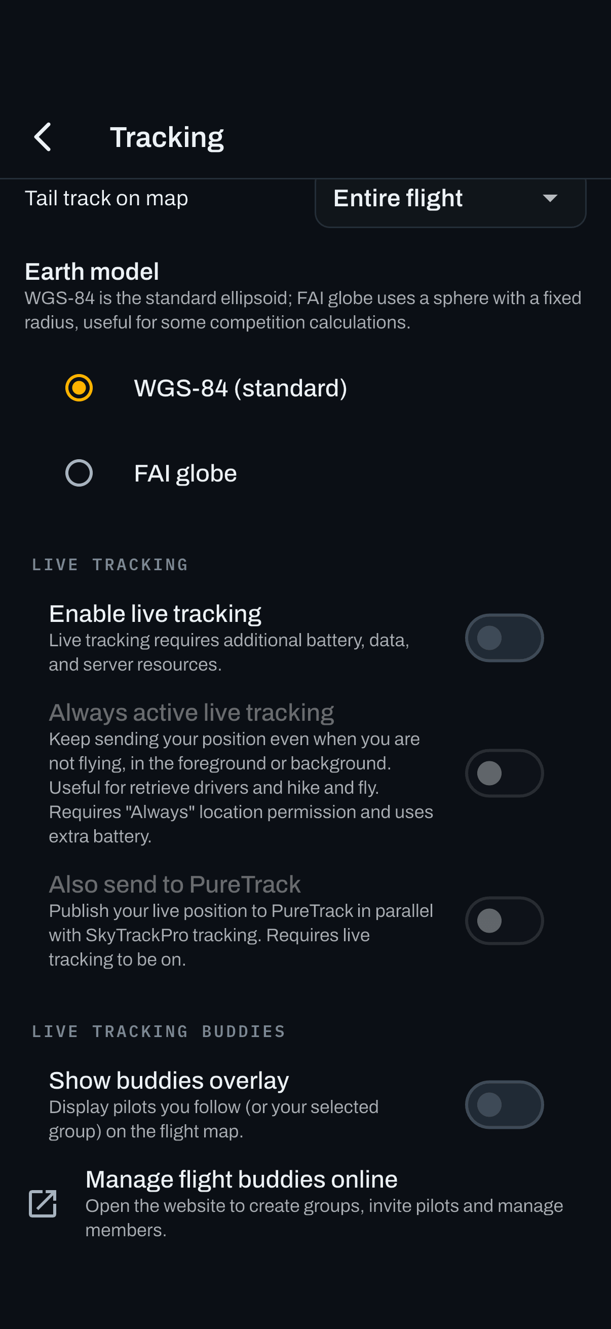 Live tracking settings, with the buddies section below.