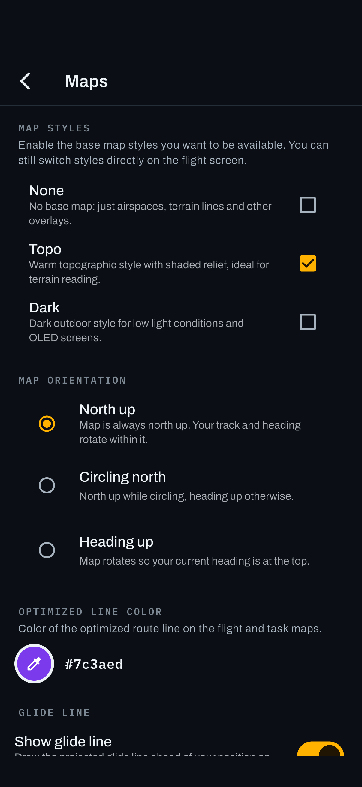 Map settings. Enabled styles become the choices in the in flight Base map menu.