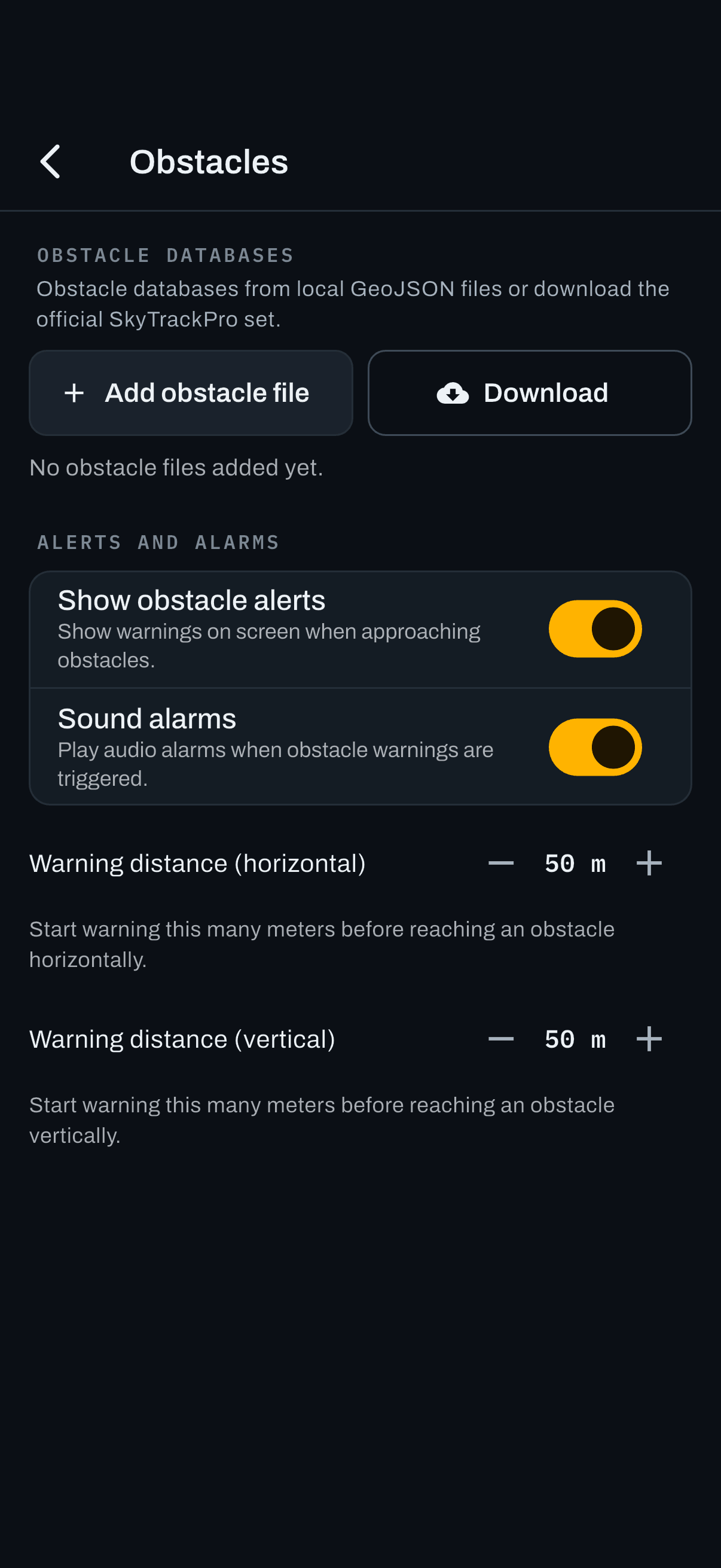Obstacle settings. Installed databases at the top, warning distances below.