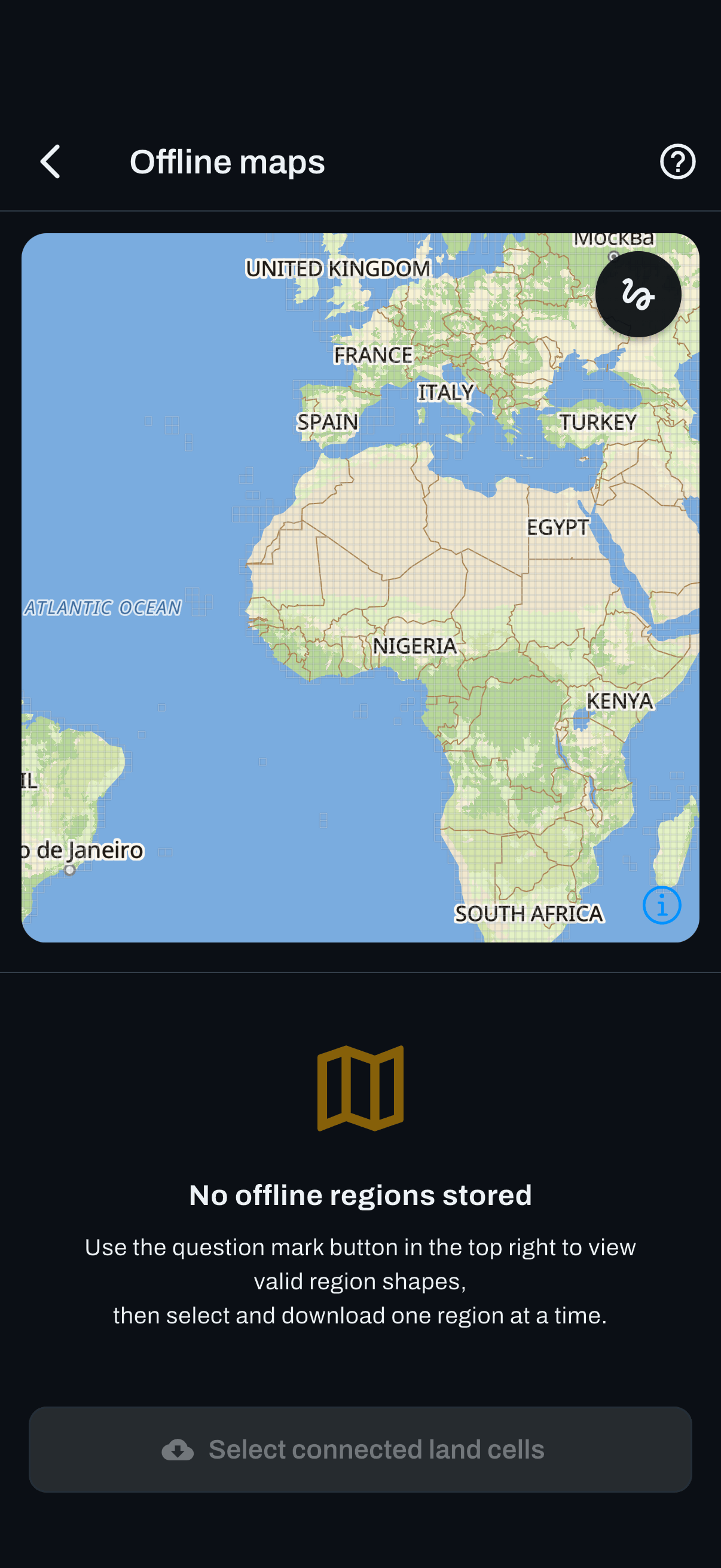 The offline maps page, with the selection grid on top and stored regions listed below.