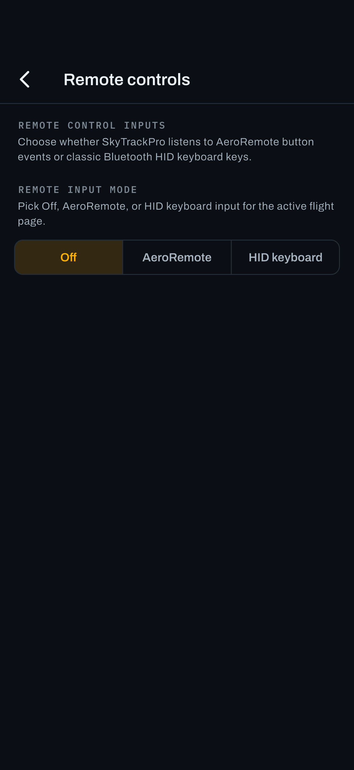 Remote control settings, with the mode selector and the button assignments.