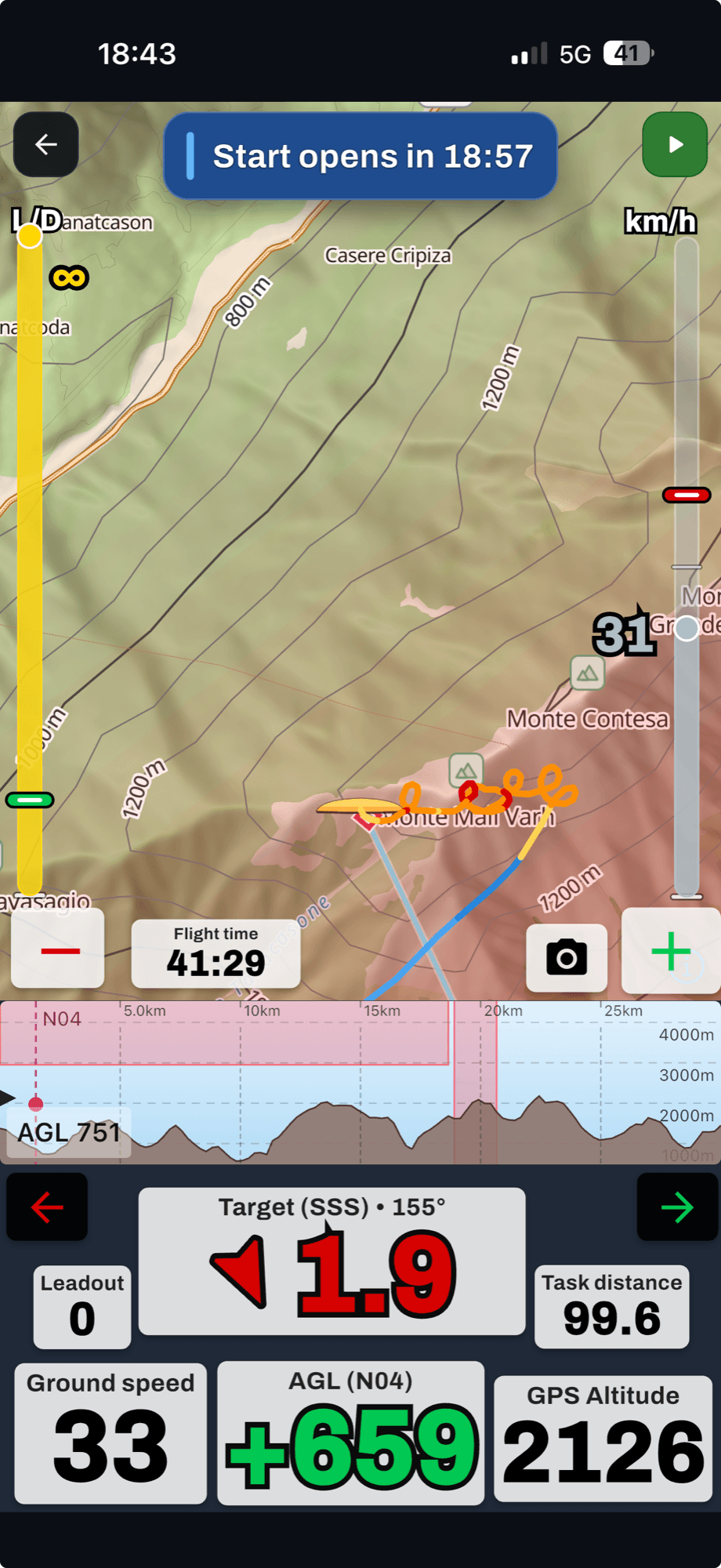 Replay controls, with the altitude graph across the flight.