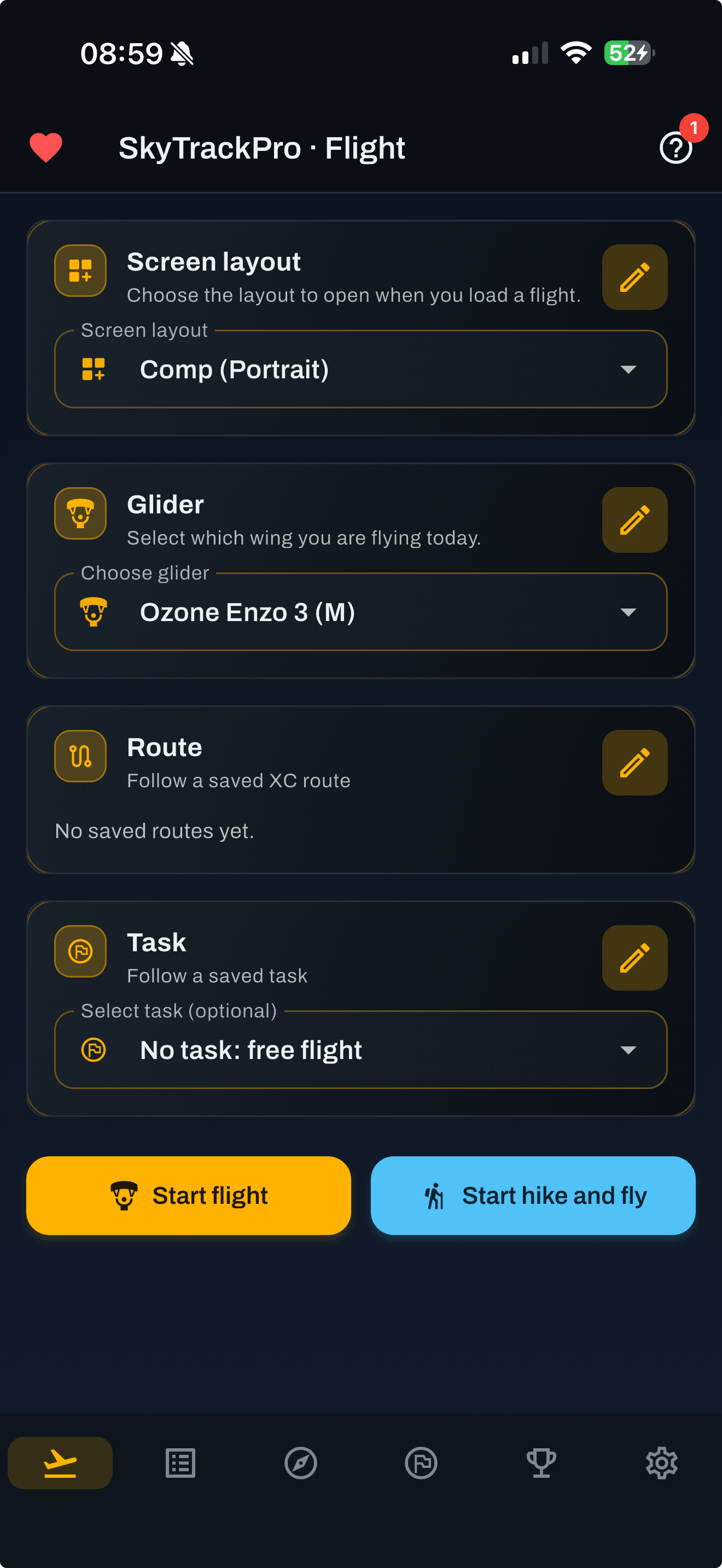 The Flight tab with both start buttons.