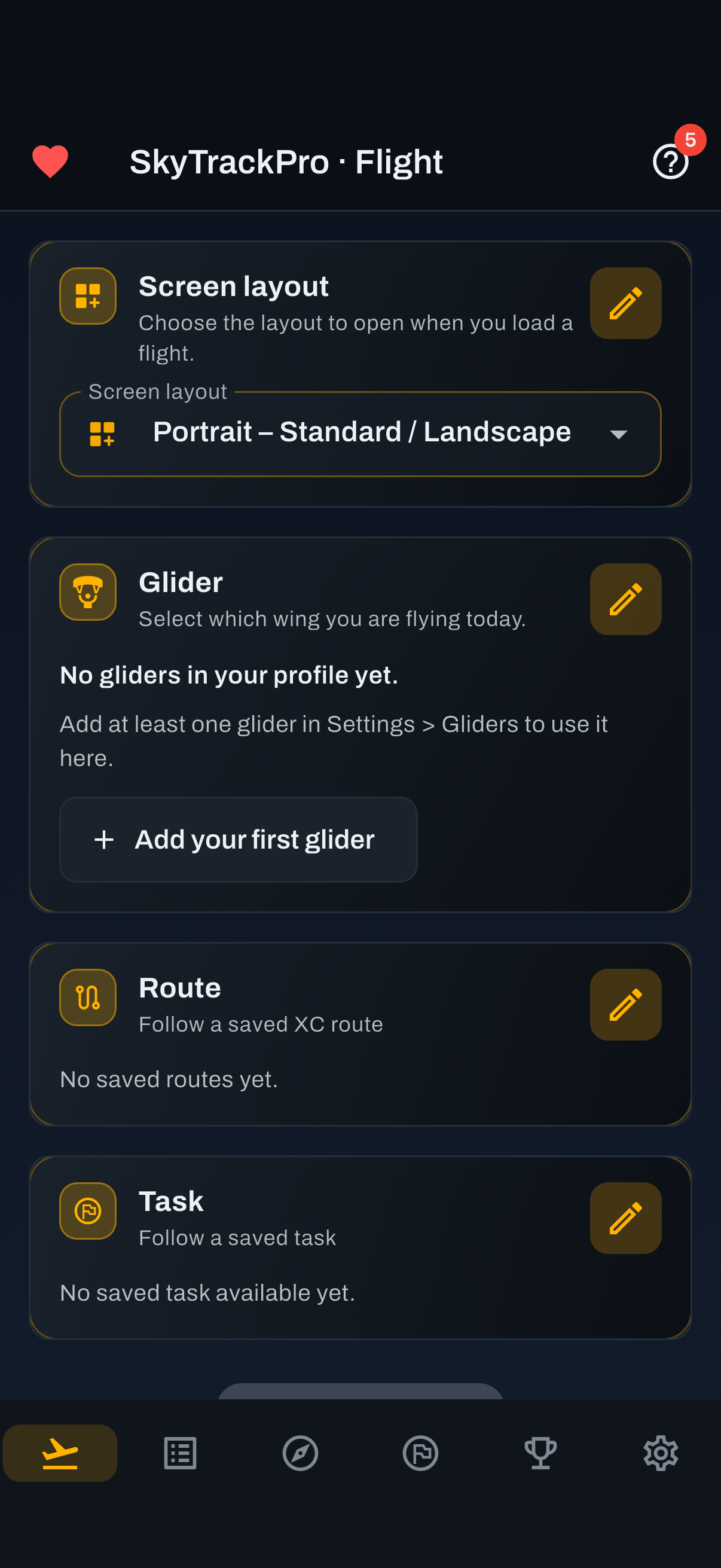 The six tabs. A green dot on Settings means always active live tracking is running.