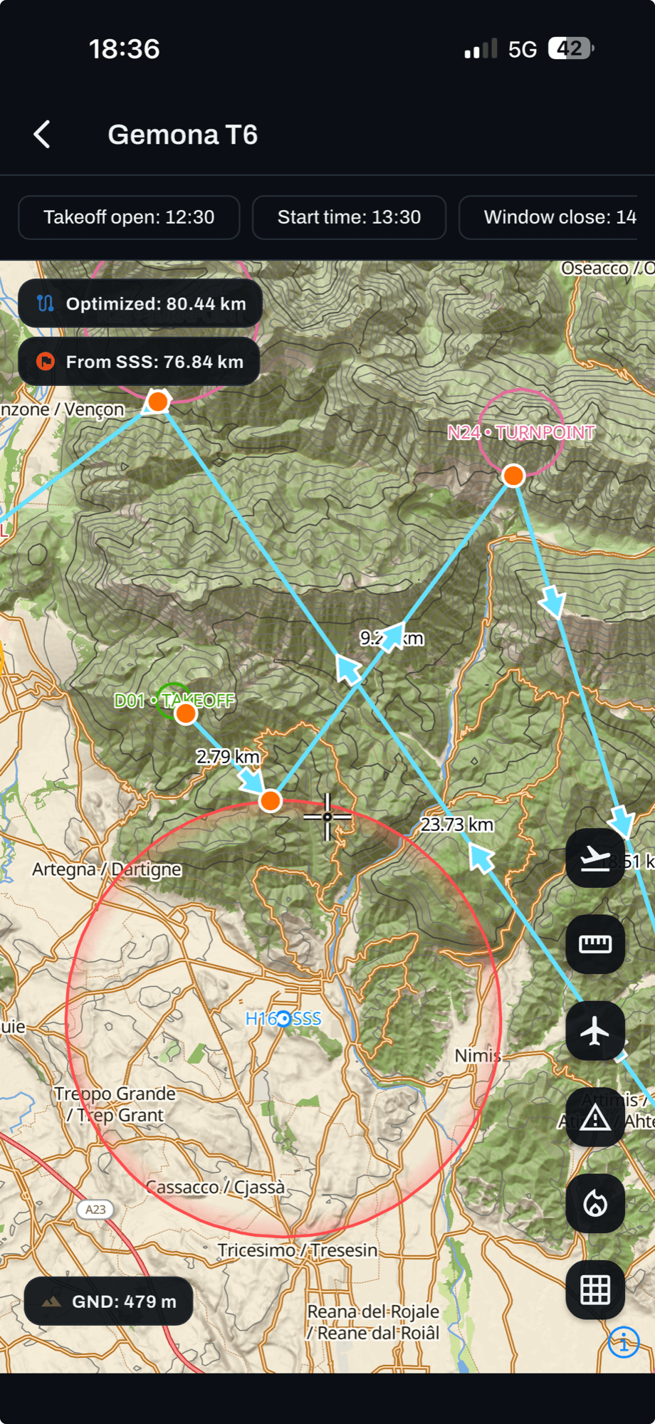 The task study map, with the optimized route drawn through the cylinders.