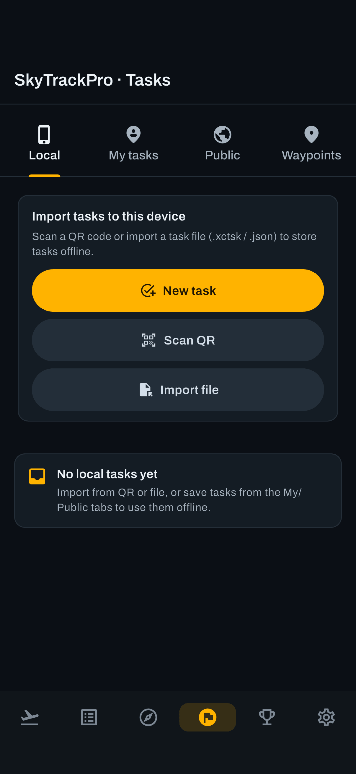 The Tasks tab. Local tasks are the ones you can fly with no connection.