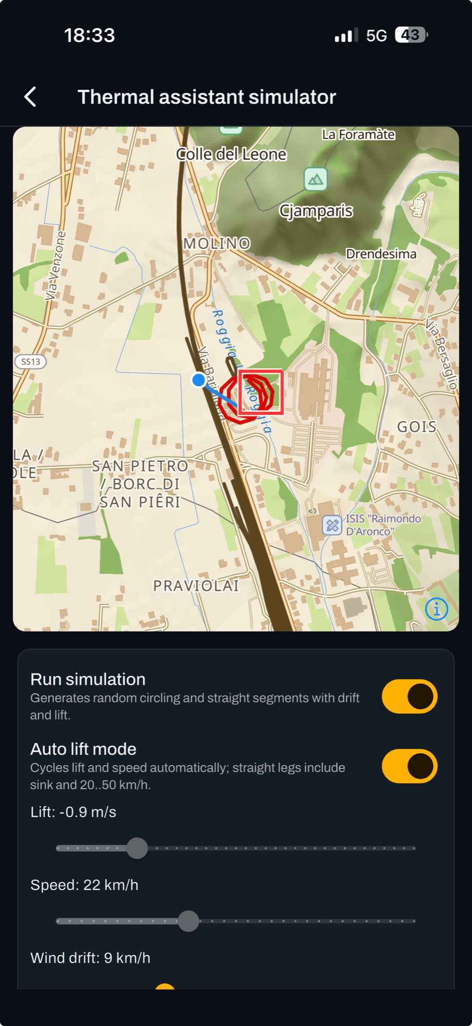 The predicted core marked on the map, with the view zoomed in for circling.