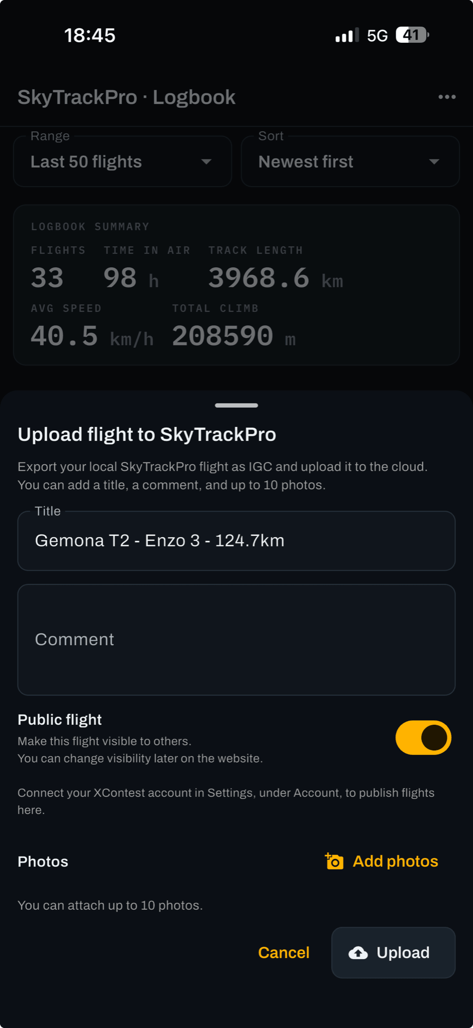 The upload sheet, with photos and the XContest option.