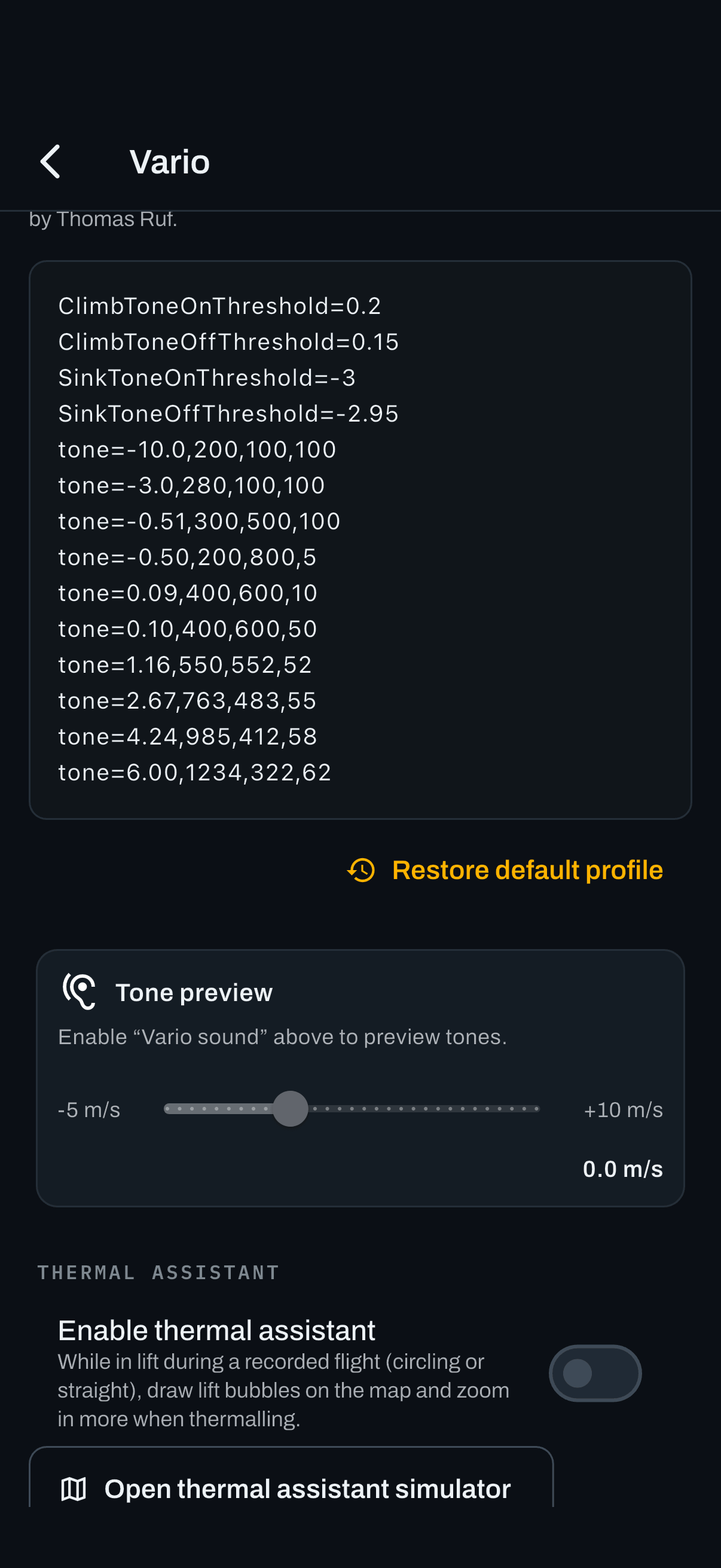 The tone preview. Drag the slider to hear what a given climb rate will sound like.