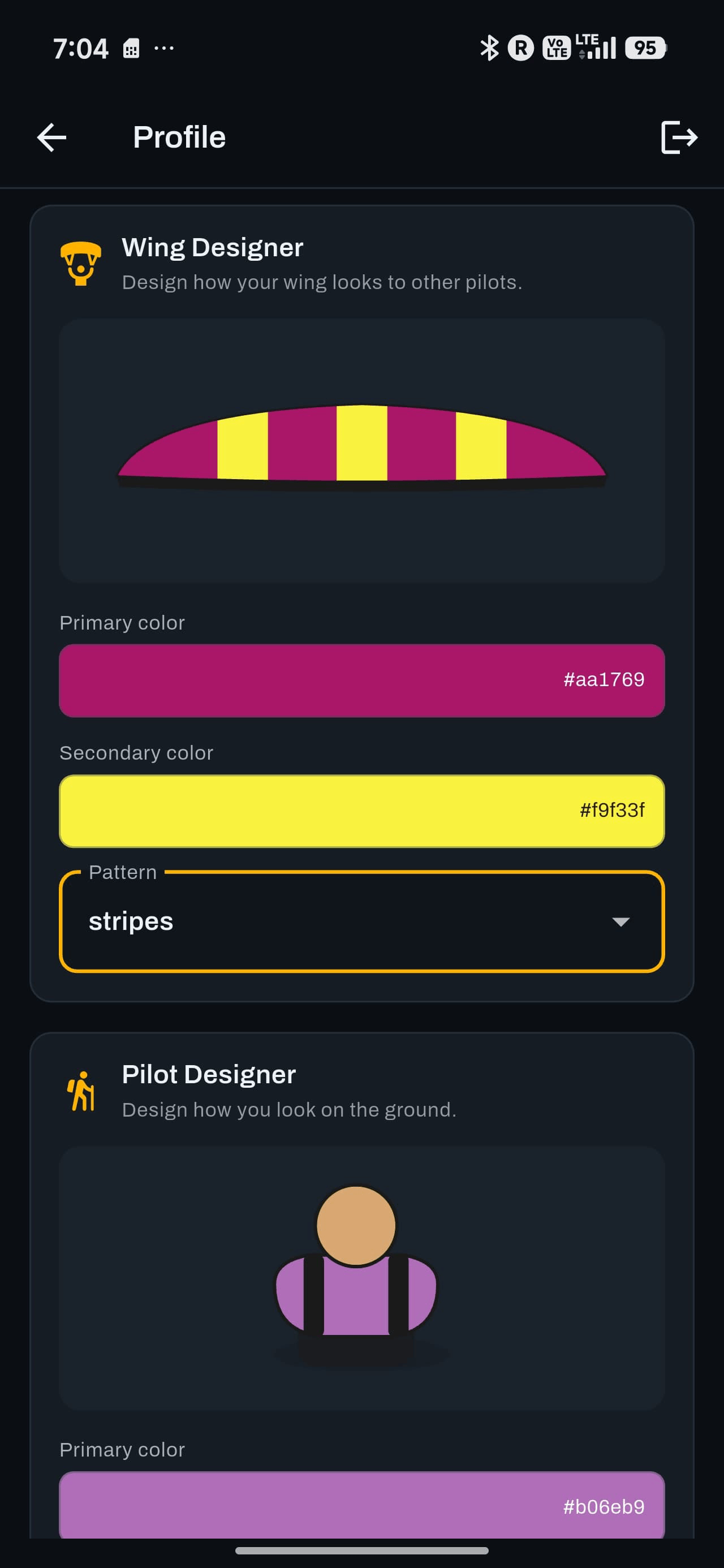 The Wing Designer, with a live preview above the controls.