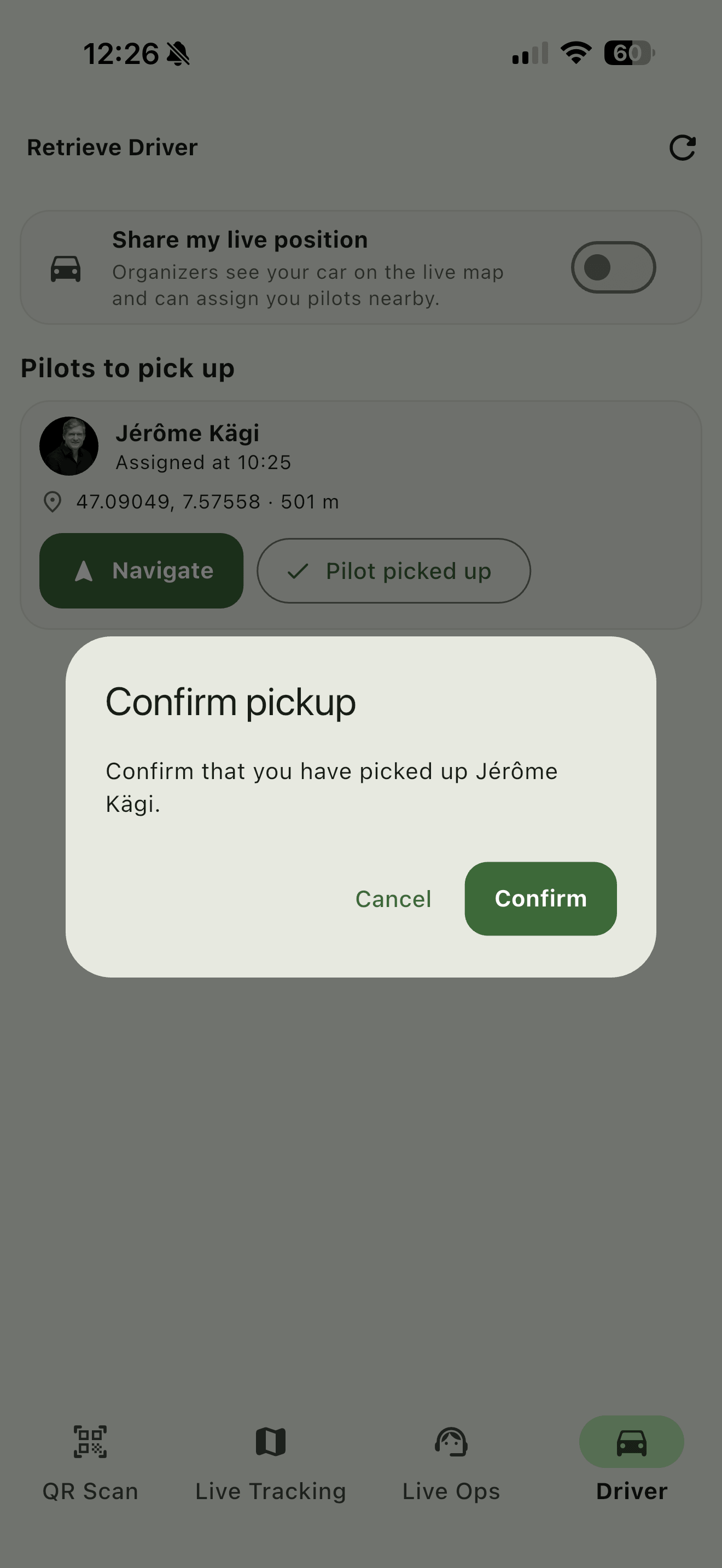 The confirmation names the pilot, because this is the point of no return.