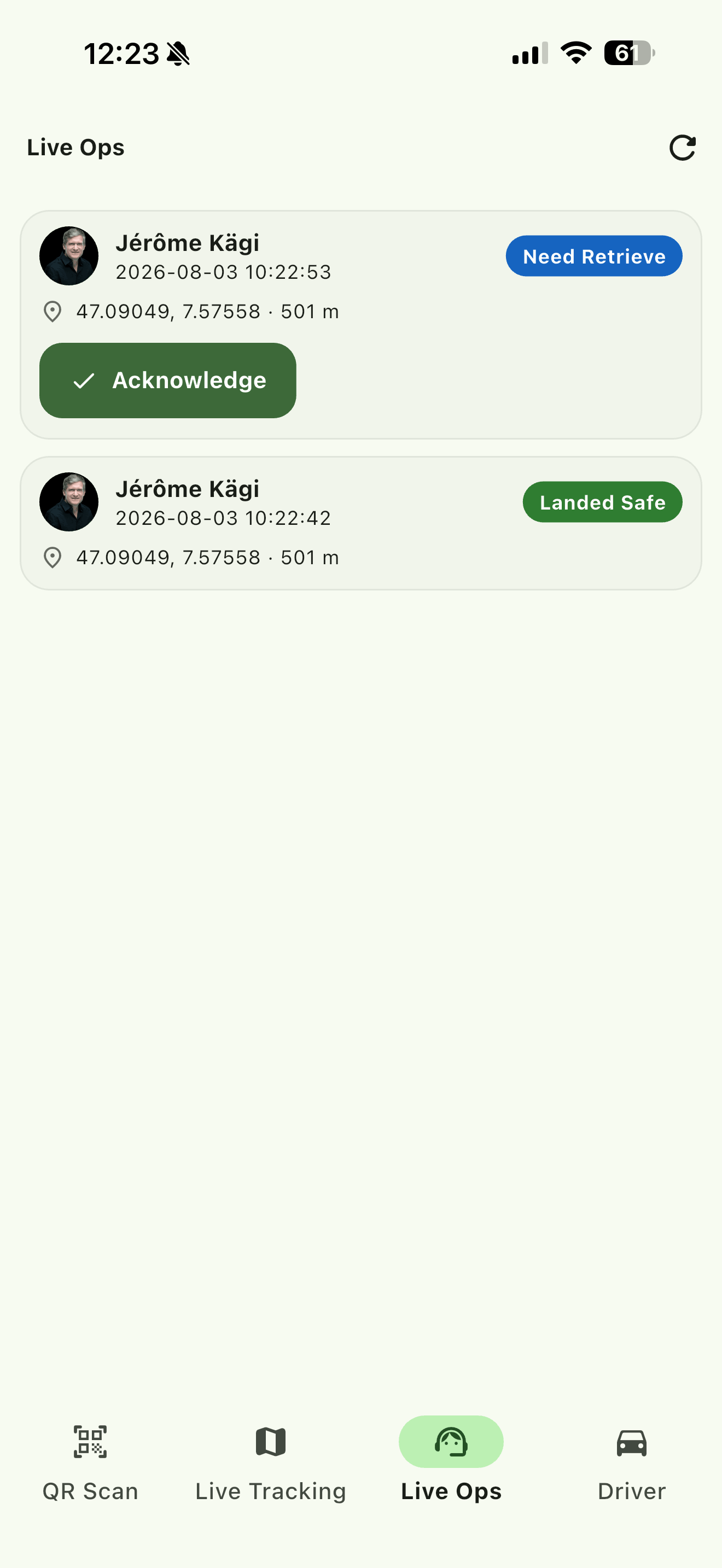 The Live Ops feed, newest first. The retrieve request can be acknowledged and carries a button for it; the landed safe message below is information and has none.
