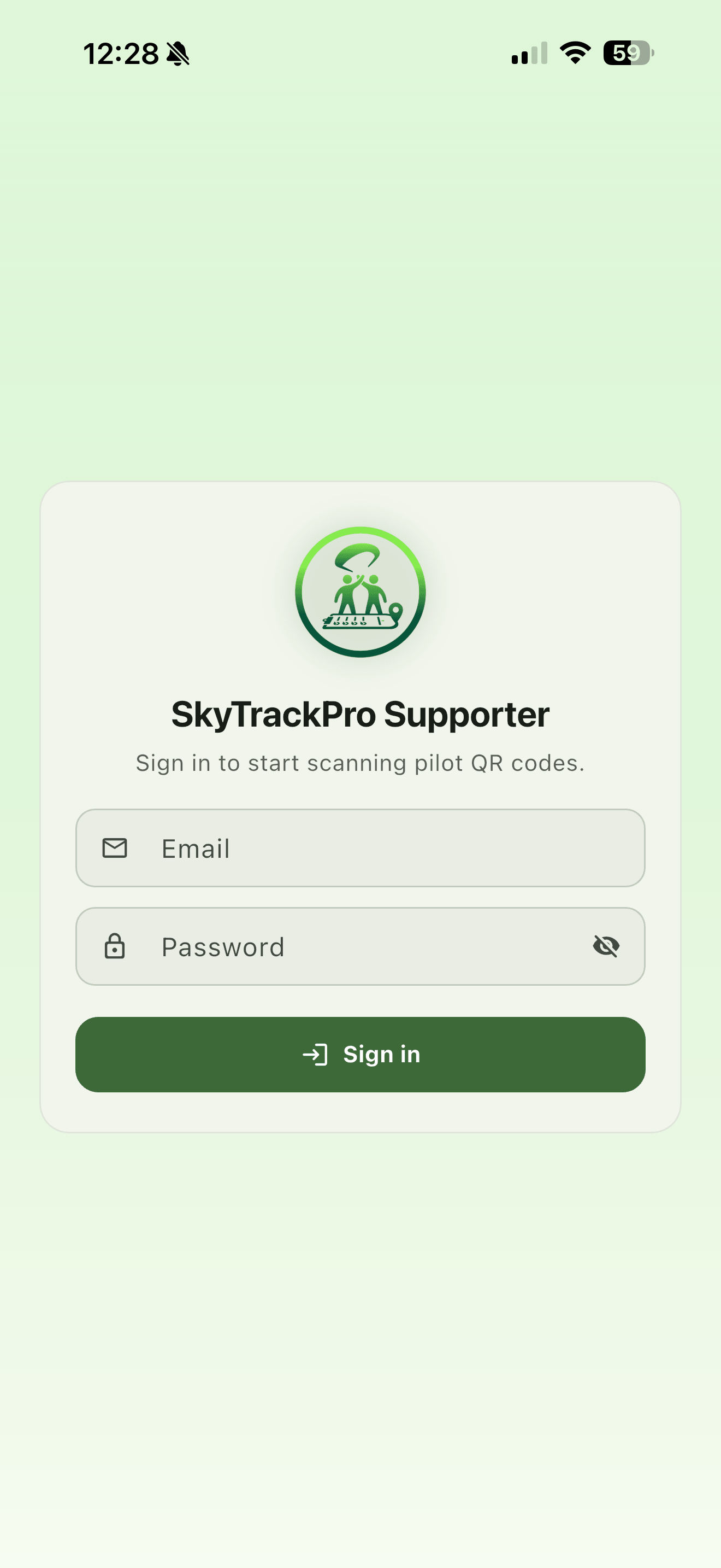 The sign in screen. The same account you use on the competition website, and a link to this manual underneath for anybody who cannot get in.
