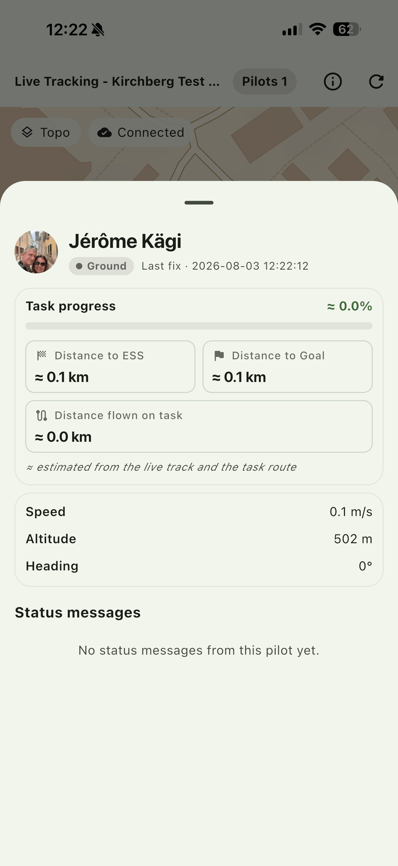 The details sheet: task progress, the distances that are left, and every status message from that pilot.